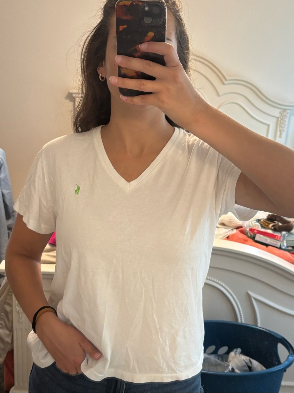 Ralph Lauren White V-Neck Short Sleeve Tee with Green Pony